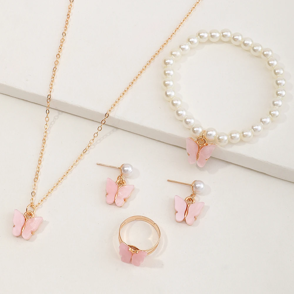 

Wholesale Fashion Women Jewelry Pearl Butterfly Necklace Charms Acrylic Butterfly Earrings Necklace Ring Bracelet Set