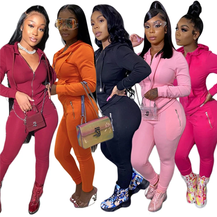 

2021 Fashion Casual Women'S Clothing Solid Color Personalized Zipper Pocket Two-Piece Suit For Women, As pic