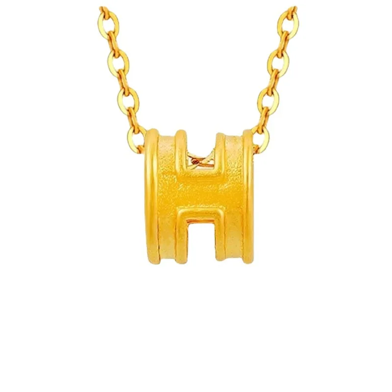 

Certified Gold H Letter Mini Pendant 999 Pure Gold Lucky Beads 3D Hard Pure Gold Set Chain Silver Plated Necklace For Women