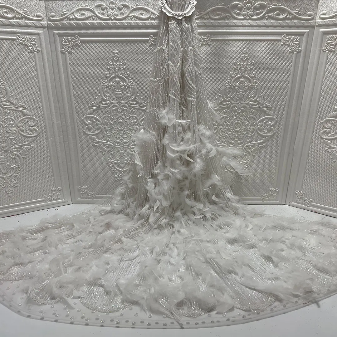 

lace sequins embroidery luxury feather lace fabric 3d bridal lace, As image