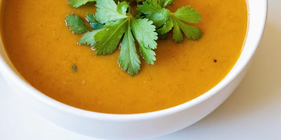 Bowl of veg soup garnished with basil