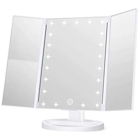 

2021 Hot Sale USB Tri-fold Adjustable Make Up Mirror With Led Lights And Stand Tray, 4 colors