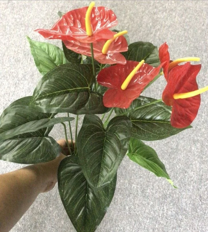 

Factory directly sale 18lvs real touch latex artificial red flower anthurium plant