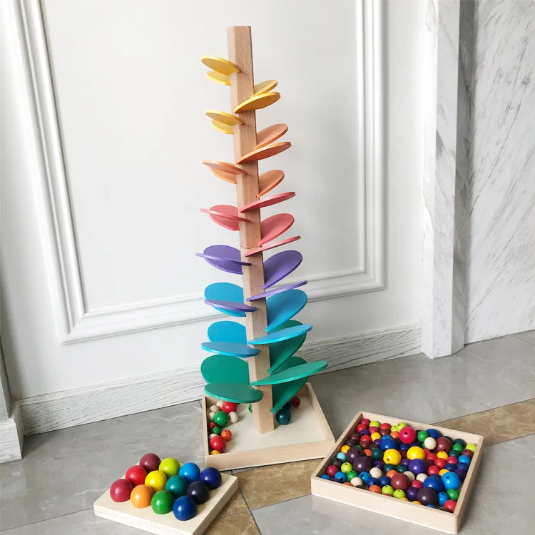 

2023 Kids Montessori Educational Wooden Toys Home Play Tree Petal Rolling Ball Track Rock Toy Music Tree Classroom Toys