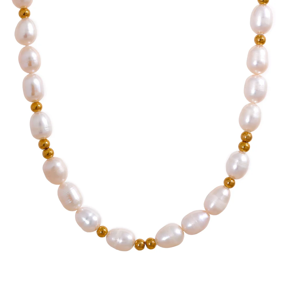 

JINYOU 1195 Stainless Steel Natural Pearls Handmade Fashion Waterproof Necklace for Women Bohemia Luxury Beads Stylich Golden