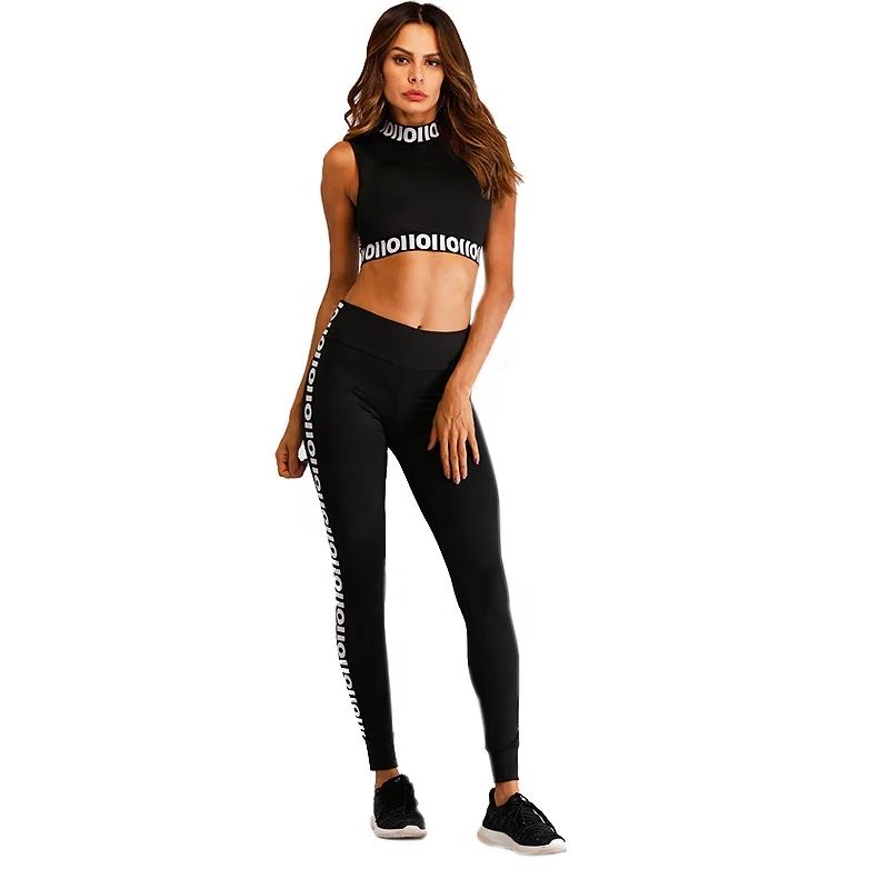 

fashion mid-hight collar design custom logo ladies fitness wear sports top and leggings gym tights yoga set, As picture