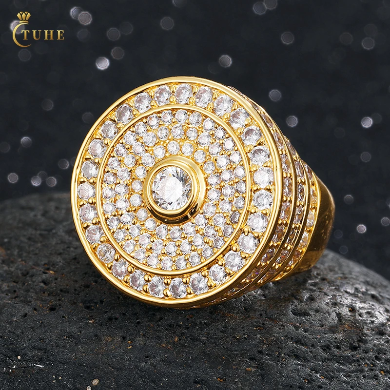 

Wholesale Hip Hop Jewelry Luxury Iced Out Gold Plated Brass 5A CZ Gemstone Finger Ring For Men