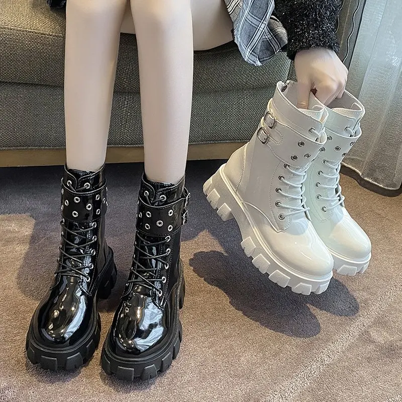 

Oem Lace Up Boots Female Women High Top Shoes Luxury Fashionable Booties Female Thick-soled Work Boots Botas De Mujer, Black,white