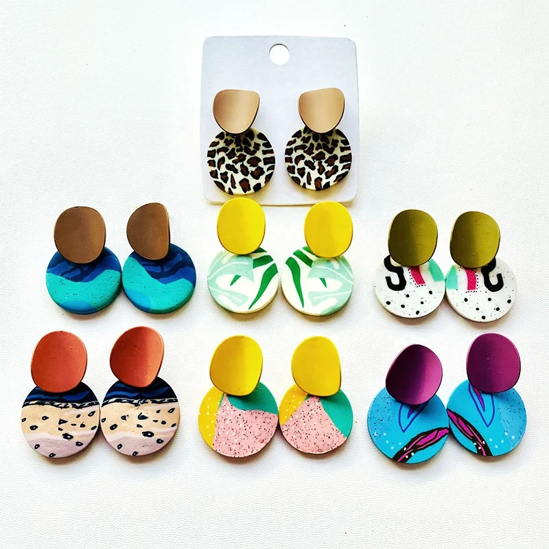 

Classic geometric round resin acrylic terracotta texture earrings leopard print colorful painting frosted female jewelry