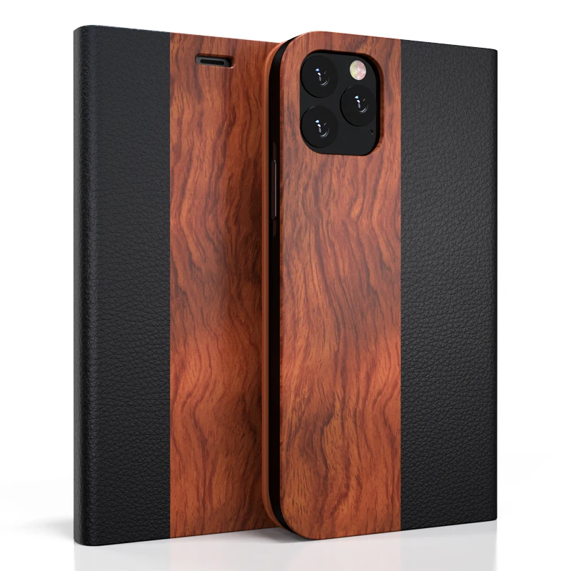 

Hot Sales 2 In 1 Anti Shock Case Leather Custom Flip Wood Phone Case For Iphone 11, Wood color