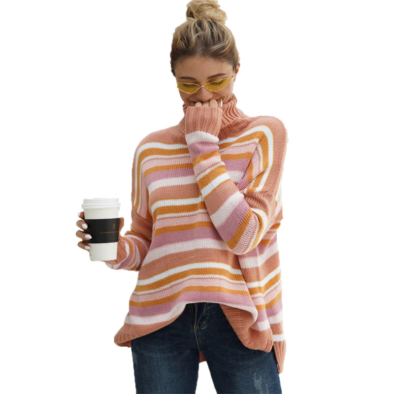 

2021 autumn and winter new women's clothing Rainbow Stripe splicing sweater Pullover fashion Turtleneck women sweater