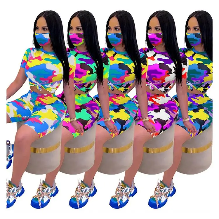 

0620M213 Popular Camouflage Printed Multi Color Pullover Short Sleeve Tshirt Womens Two Piece Summer Casual Sport Short Set