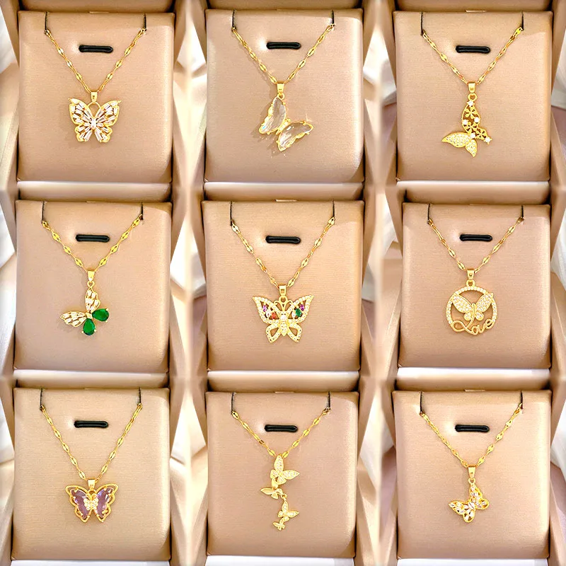 

Luxury Stainless Steel 18K Gold Plated Zircon Butterfly Pendant Necklace Women Colorful emerald Cz Necklace Jewelry For Gift