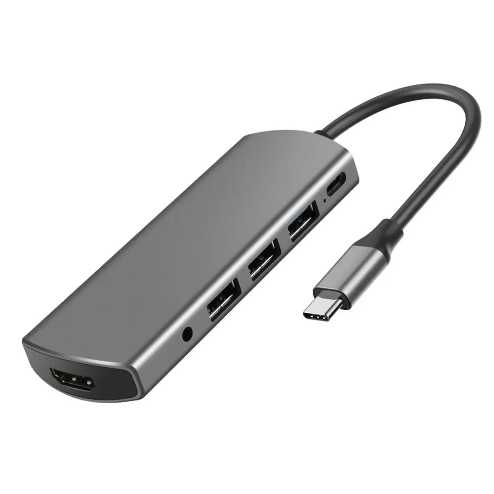 

6 in 1 multi function USB HUB TYPE C to 3 port USB3.0 Gen 1 + PD3.0 60W +Audio + HD 4k UHD 3840*2160, Gray