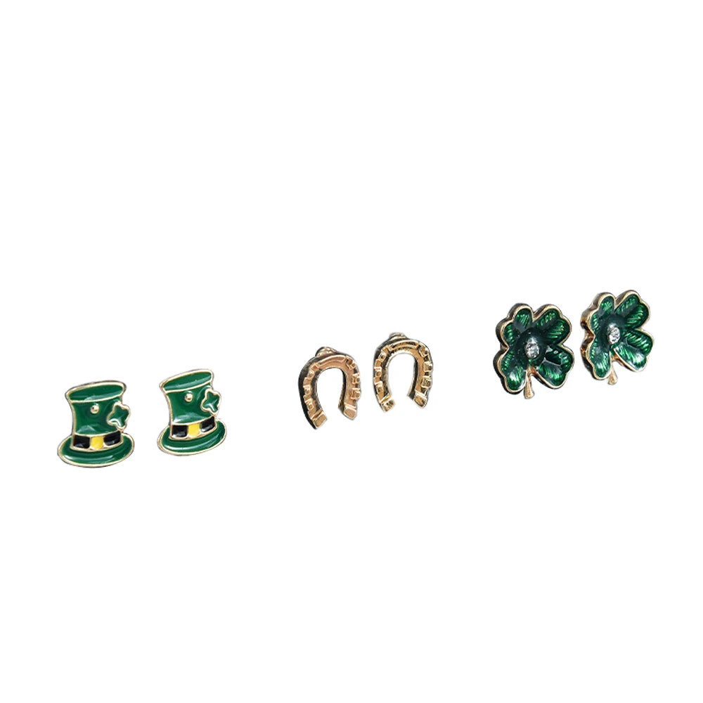 

Veijer High Quality 3PC/Set Green Hat Green Clover Flower Gold Women Stud Earrings Jewelry