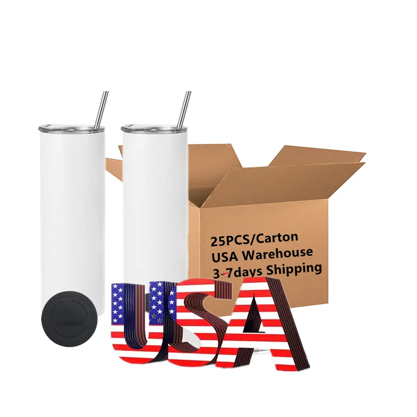 

Mazoho USA warehouse free shipping 20oz Stainless steel White Straight skinny Sublimation Tumbler With Straw and Rubber Mat