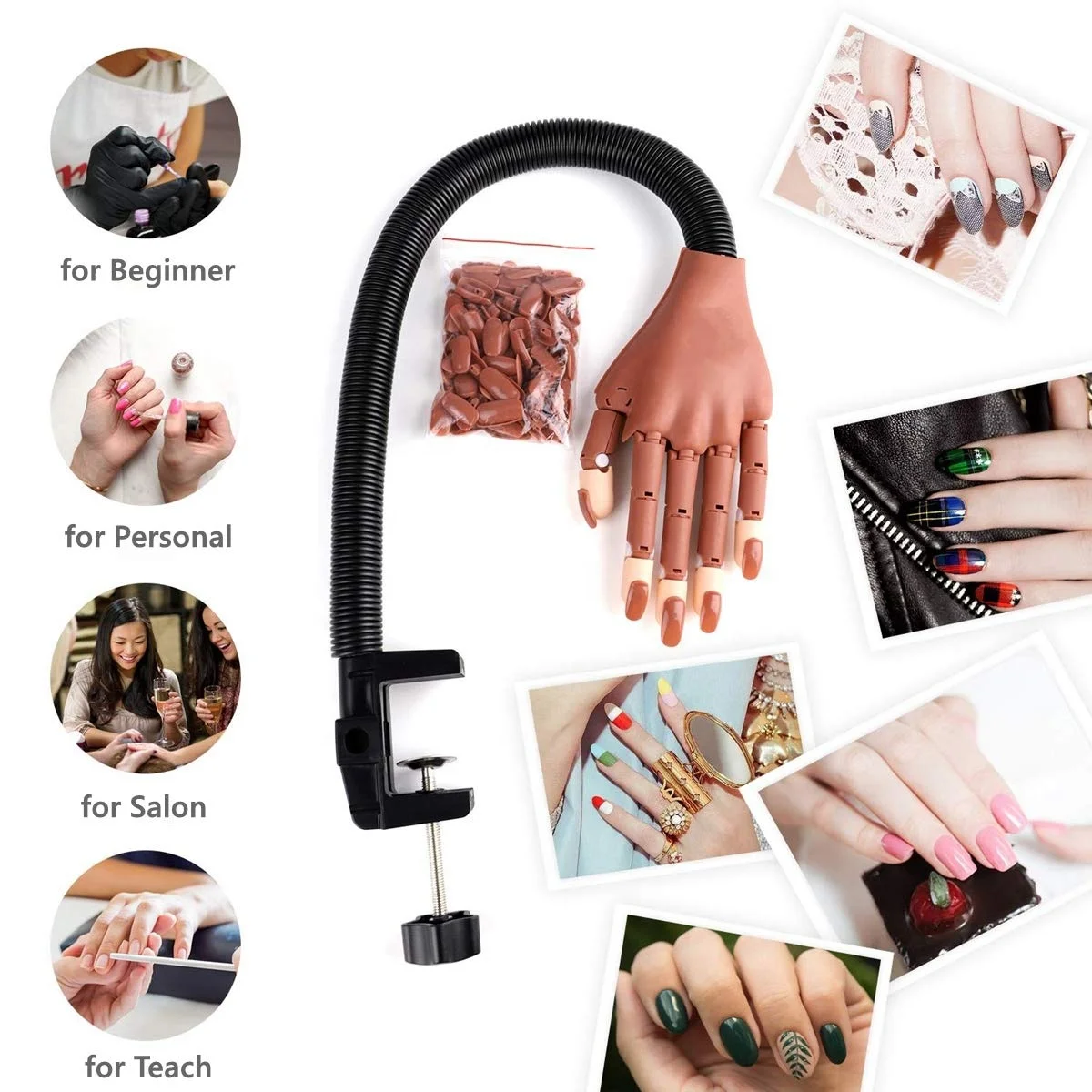 

2021 New Arrivals Professional Flexible Movable Nail Training Silicone Technician Practice Hand For Acrylic Nails, Customized color