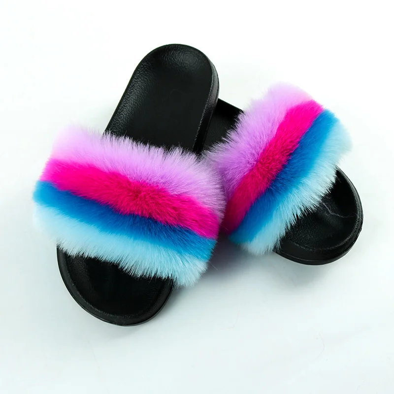 

Wholesale Fashion Indoor Flat Fluffy Slippers Multi-color Imitation Faux Rabbit Fox Fur Sandals