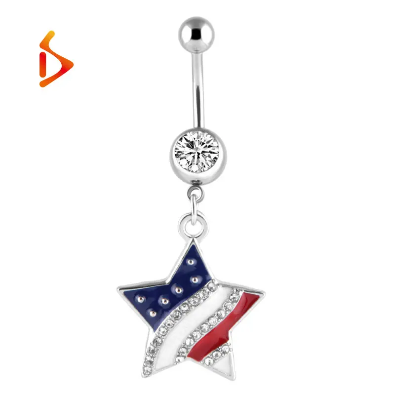 

New style diamond studded stainless steel five pointed star shape body piercing jewelry belly button ring Wholesale