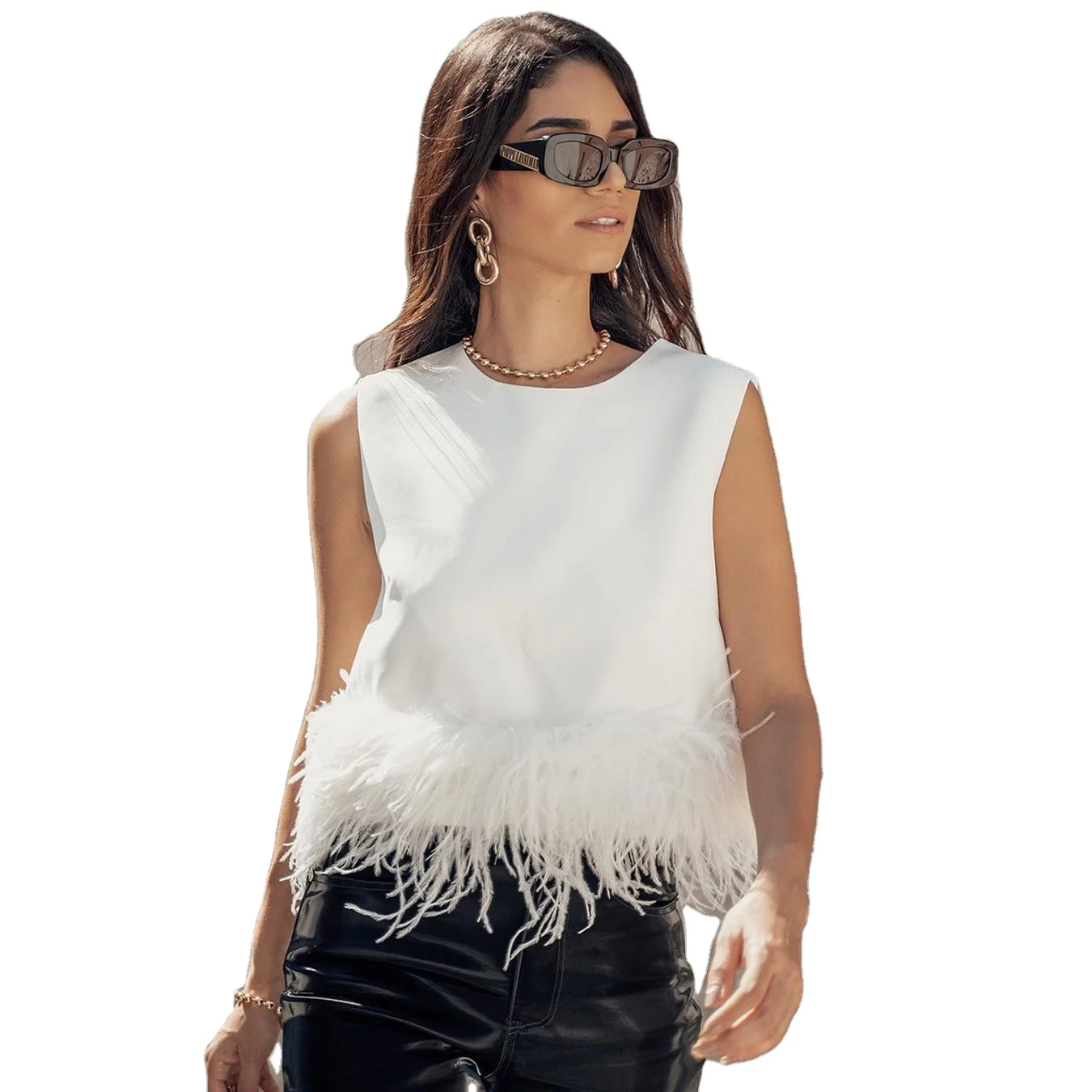 

2022 new arrivals summer collection casual top with feather design women fashion crop top