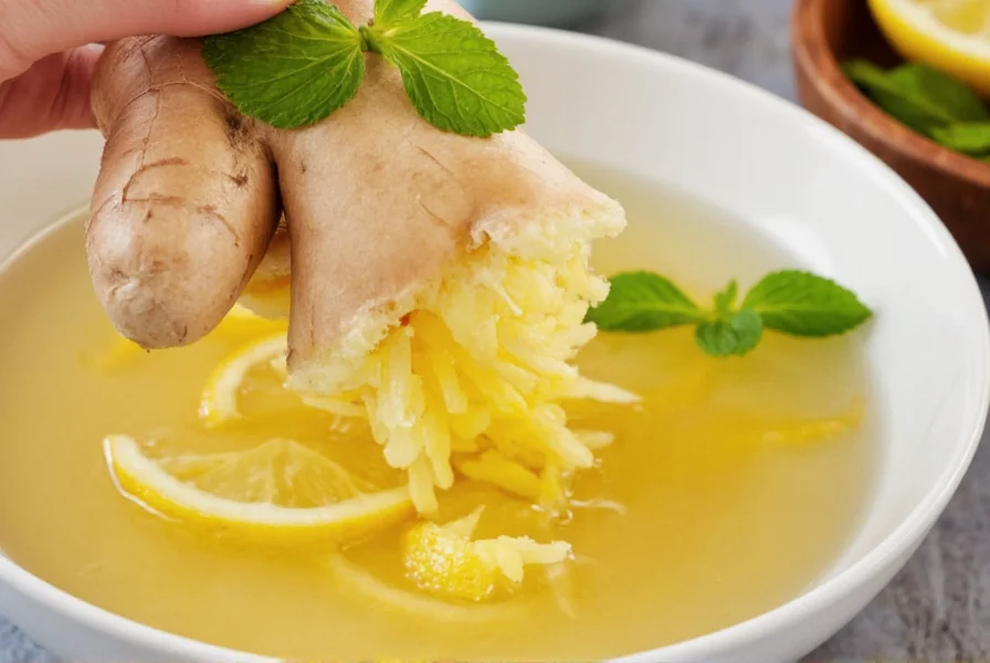 Close-up of fresh ginger root being grated into a bowl with lemon slices and mint garnish