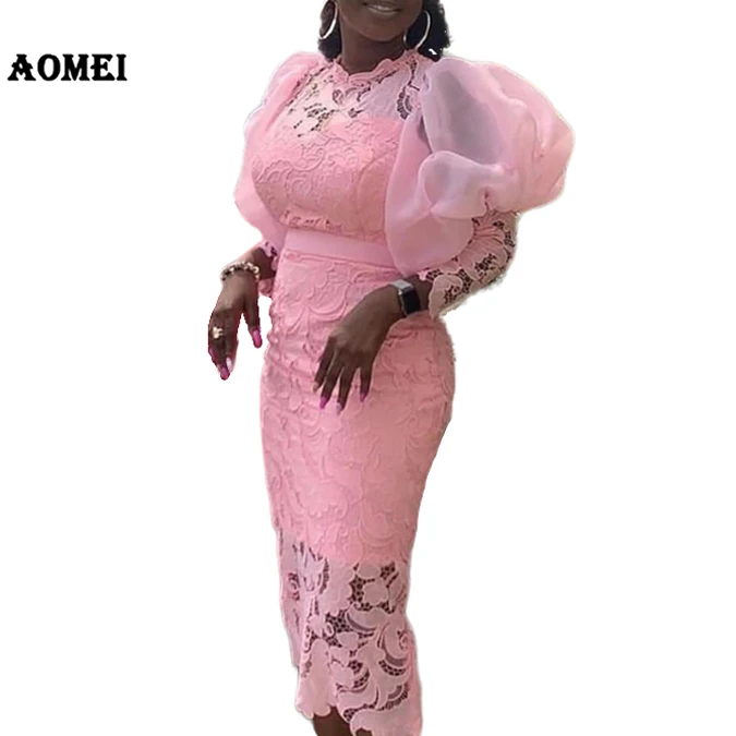 New Arrival Mesh High Waist Puff Sleeve Sweet Pink Lace Women Career Dress
