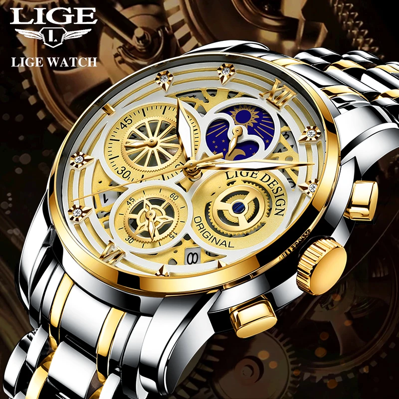 

Lige 8942 Top Brand Original Custom Your Own Logo Mens Quartz Wrist Watches OEM Chronograph Functional Steel Watch With Date