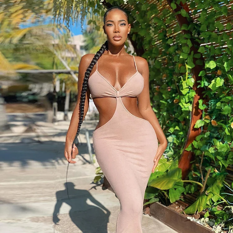 

Girl's Straps Dress Elegant Fish Tail Maxi Pierced Clothes Sexy Solid Hollow Out Maxi Dresses For Women, Khaki, pink, brown, black