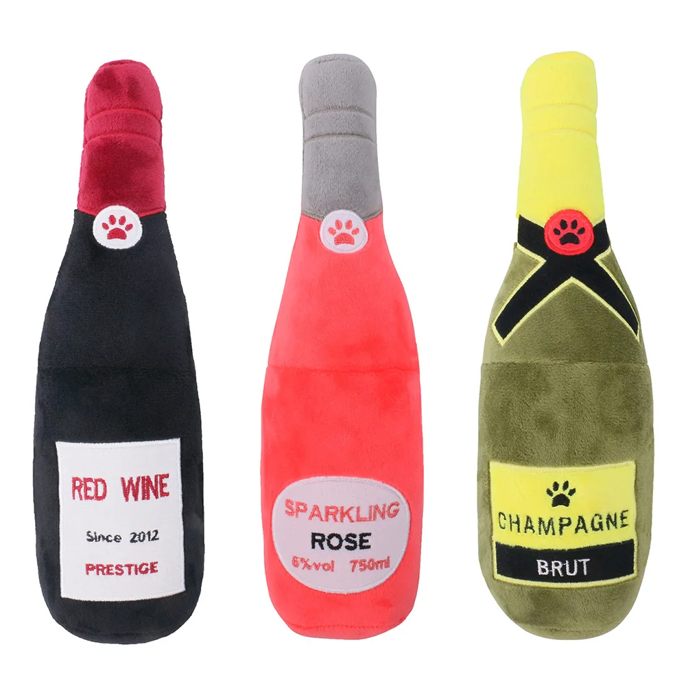 

Peaktoppets Amazon Hot Item Dog Chew Toy Plush Wine Bottle Shaped Stuffed Toy Durable Multi-design Stuffing Squeaky Toy for Dogs