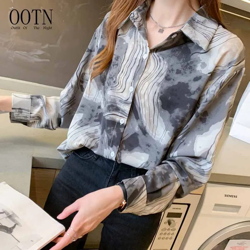 

OOTN 2022 Spring Female Blouses Retro Single-breasted Long Sleeve Dyeing Painted Turn Down Collar Blusas Top Women Chiffon Shirt