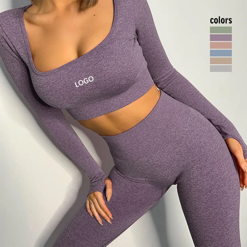 

Wholesale High Waist Gym Mesh Long Sleeve Yoga Sets Sport Leggings and Top Gym Sets For Women