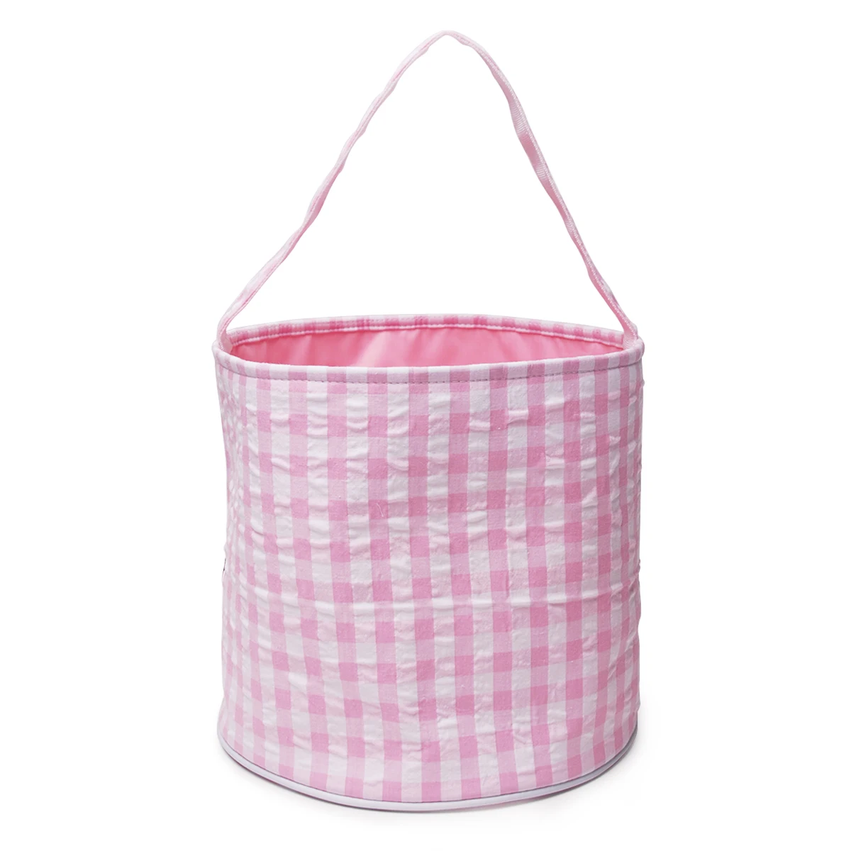 

2021 Amazon Hot Seersucker Easter Plaid Bucket Tote Bag Easter Egg Basket for kids, As pictures