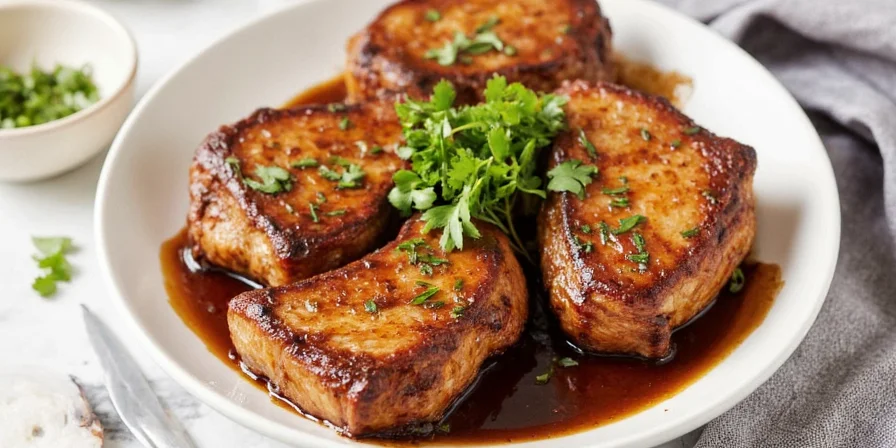 Juicy pork chops sizzling on a grill with balsamic sauce nearby.