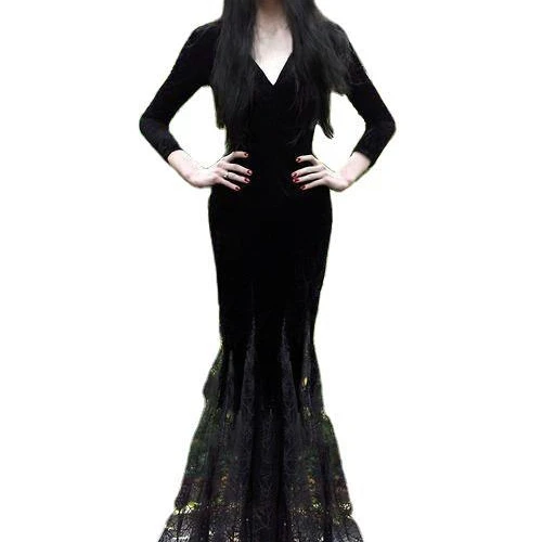 

Lace Sexy Ladies Dress Solid Color Deep V Neck High Waist Long Sleeve Dress