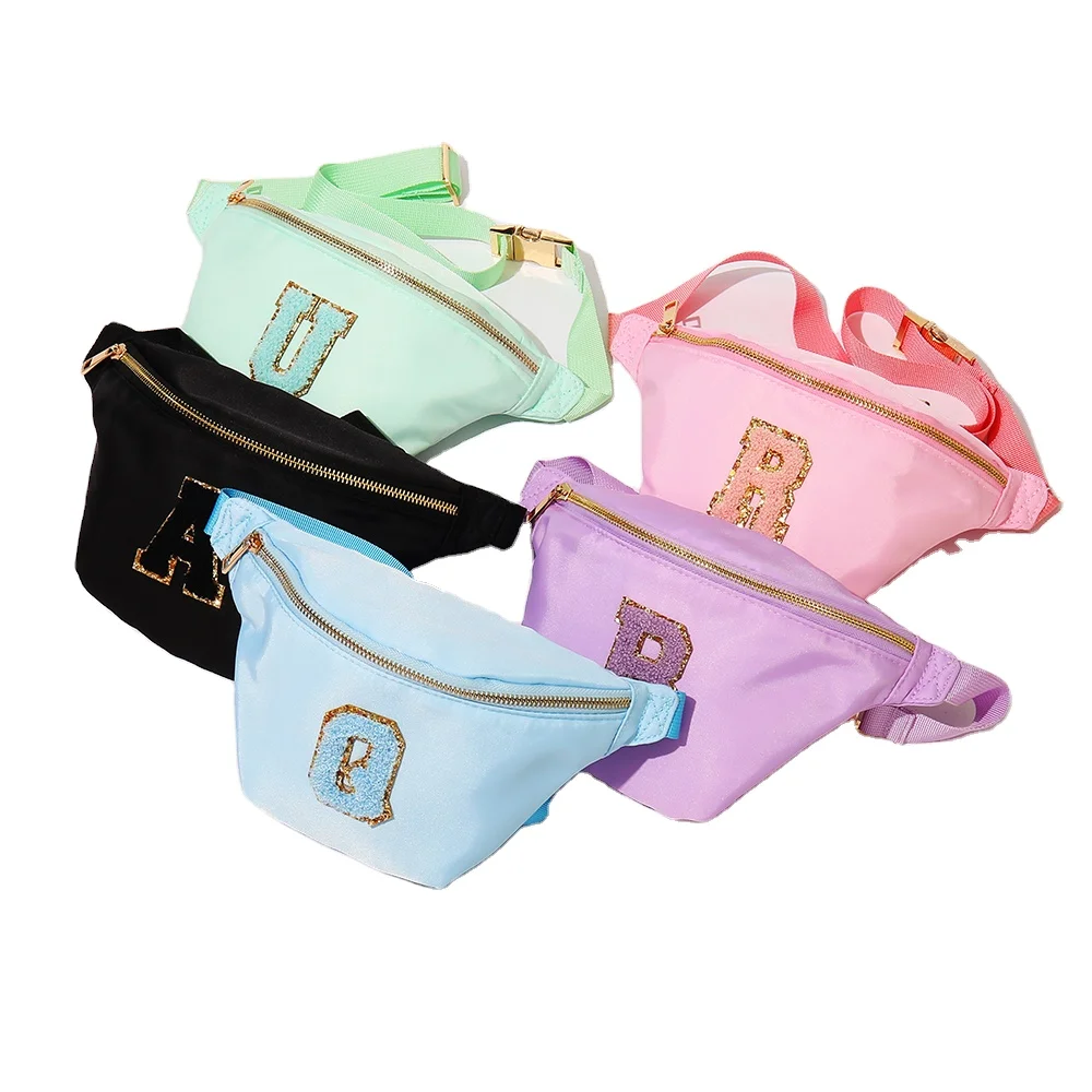 

Bright color sports bag Hot Sell Waist Bag Fanny Pack with Chenille Letter Patch Nylon Fanny Pack, Customized color