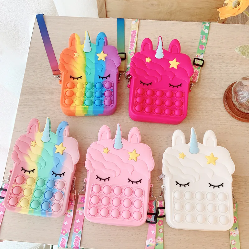 

2021 Hot Sale Design Cartoon Mini kid purses and handbags little girls pop it fidget toy purse silicone unicorn pop it purse, 5 colors