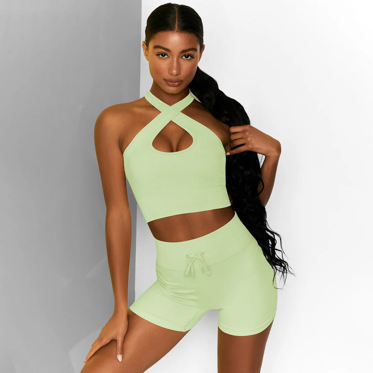 

AOLA 2 Piece Sets Outfits Front Cross Sports Bra and Shorts Workout Set Seamless Gym Fitness Wear, Picture shows