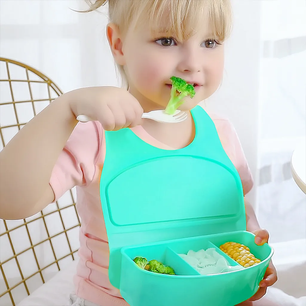 

OEM Easy Clean Up Customized Bib Food Grade SIlicone Baby Bibs With Pocket, Customized colors