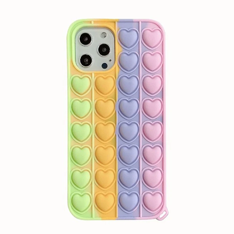 

Multicolor New Hot sale silicone Heart phone cover case Pop it Fidget Toy Bubble silicone Rainbow heart phone case, Blue/green / yellow/ rainbow and ect