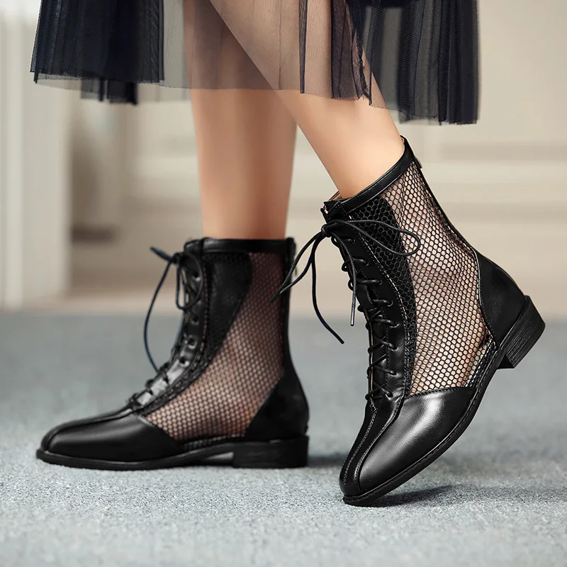 

New Model Casual Round Head Leather Mesh Patchwork Low Heel Summer Cool Boots, Black/white