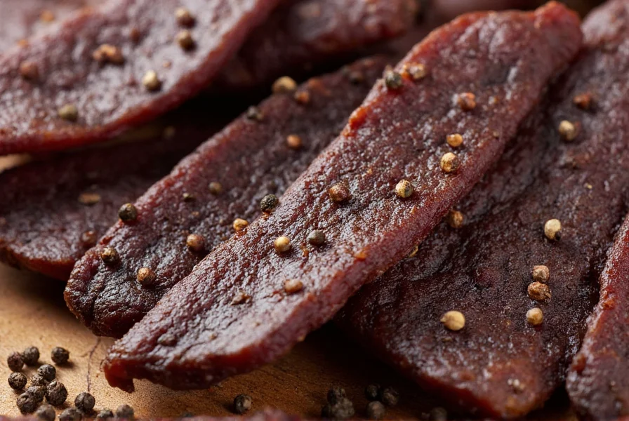 Close-up of premium black pepper beef jerky showing visible cracked peppercorns embedded in lean meat strips