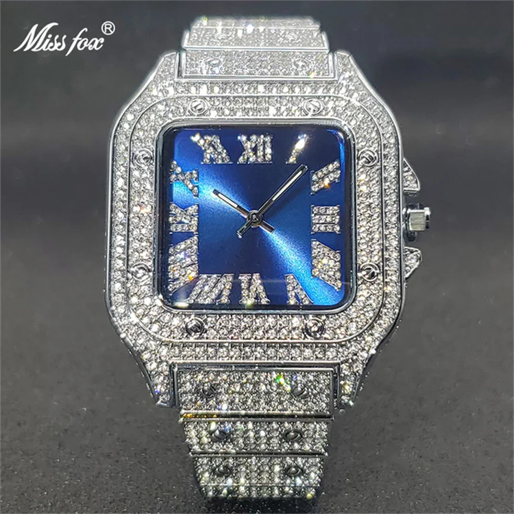 

MISSFOX Square Watch Ice Out Diamond Hip Hop Sunburst Dial Waterproof Quartz Watches Droshipping New Reloj Hombre Marca de Lujo