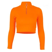 

Hugcitar 2019 long sleeve zipper patchwork sexi crop tops autumn winter women neon bodycon T-shirts streetwear club party outfit