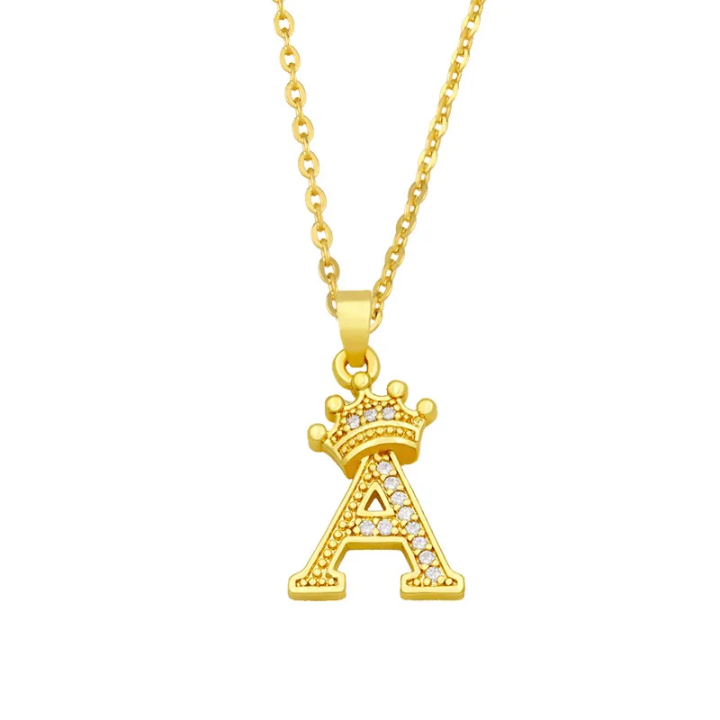 

Hot Sale 18k Gold Plated Micro Paved Crystal CZ Initial Necklace 26 Alphabets Cubic Zircon Crown Letter Necklace