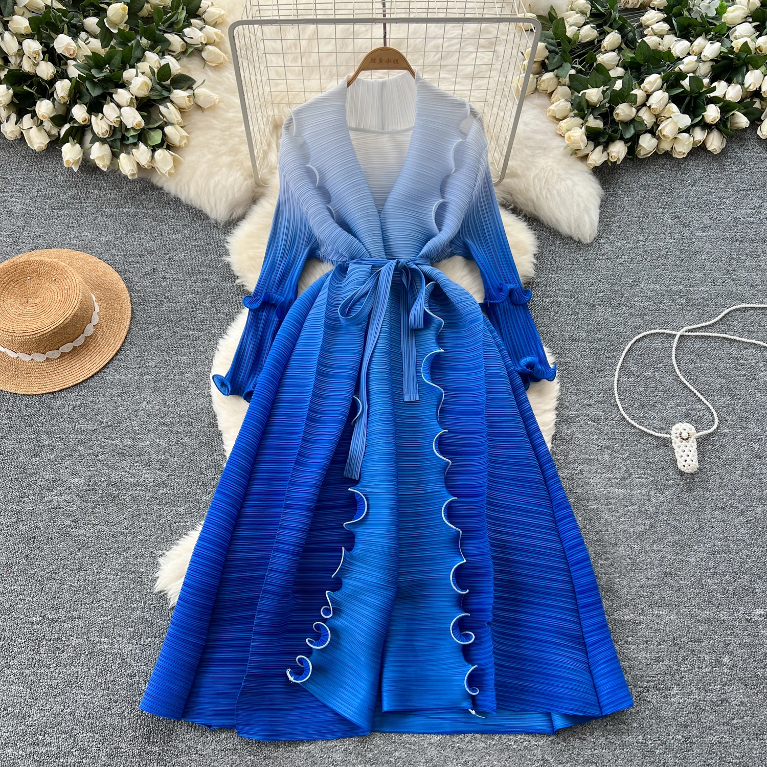 Tie Waist Midi Dress Gradient Ruffle Hem