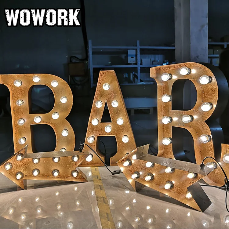 

2024 WOWORK wholesale electronic signs led wall hanging vintage rusty metal marquee number letters bulb store light for display