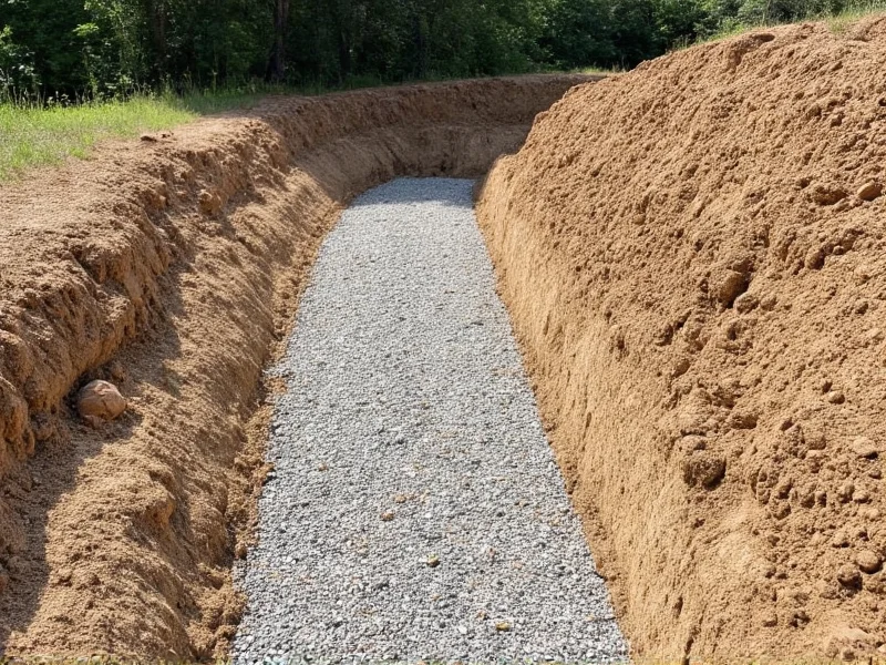 Excavated trench with compacted gravel base for retaining wall