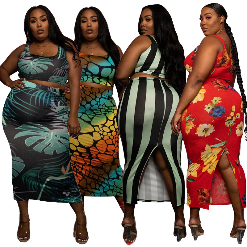 

2021 new style Tight slit print fashion casual suit plus size Vest skirt 2- piece women set, Picture color