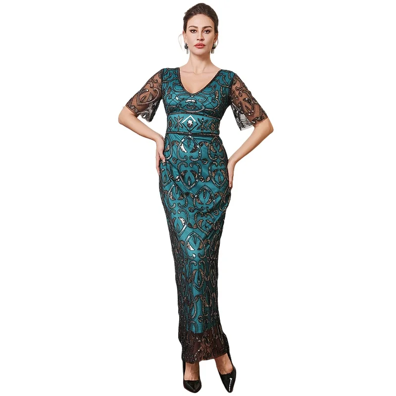 1920s Flapper V Neck Maxi Evening Gown Sequins