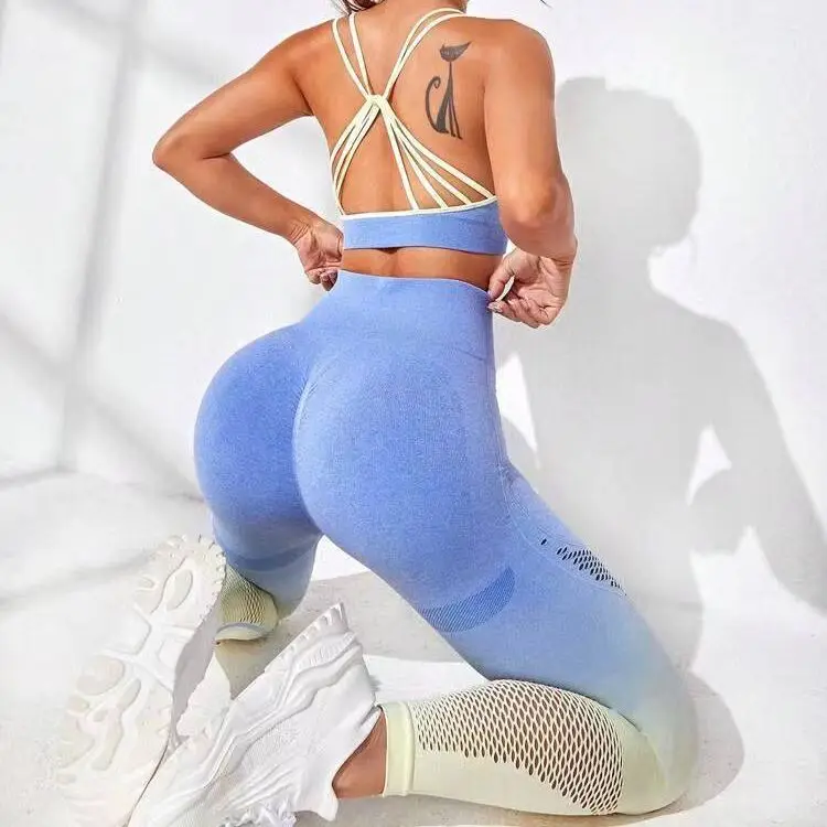 

Gradient Custom Sexy Mesh Strappy Gym Clothes Scrunch Butt Seamless Women Fitness Yoga Active Wear
